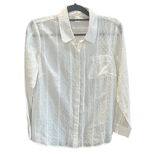 ♥️Denim & Co Cream Colored Cotton Clip Dot Button Down Semitransparent Shirt
